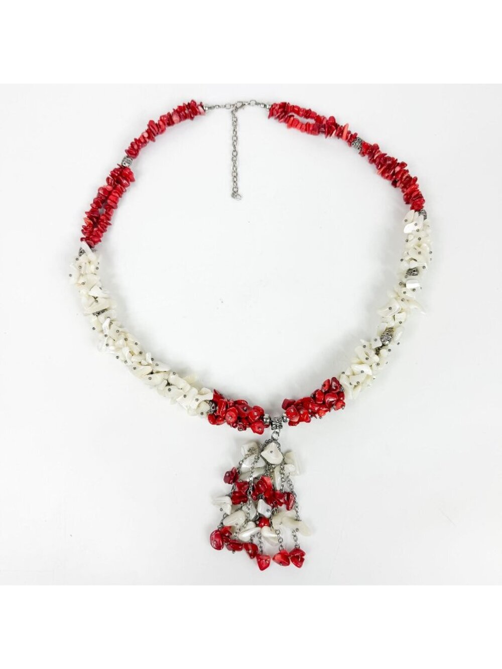 Chunky Coral and Mother Of Pearl Silver Tone Tassel Necklace